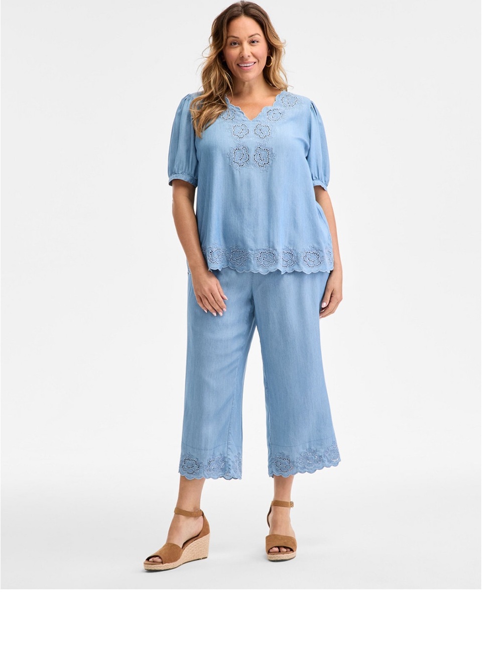 Plus Size Light Blue Chambray Cropped Pants with Eyelet Trim